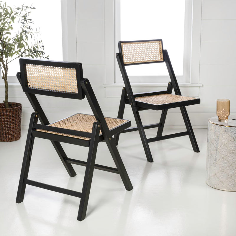 Theo Mid-Century Vintage Wood Rattan Folding Chair with Adjustable Back Set 2