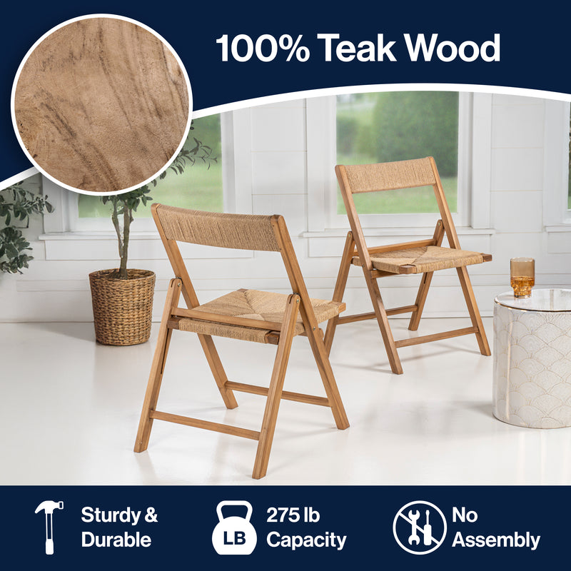 Kiawah Coastal Modern Wood Woven Seagrass Folding Chair Set 2
