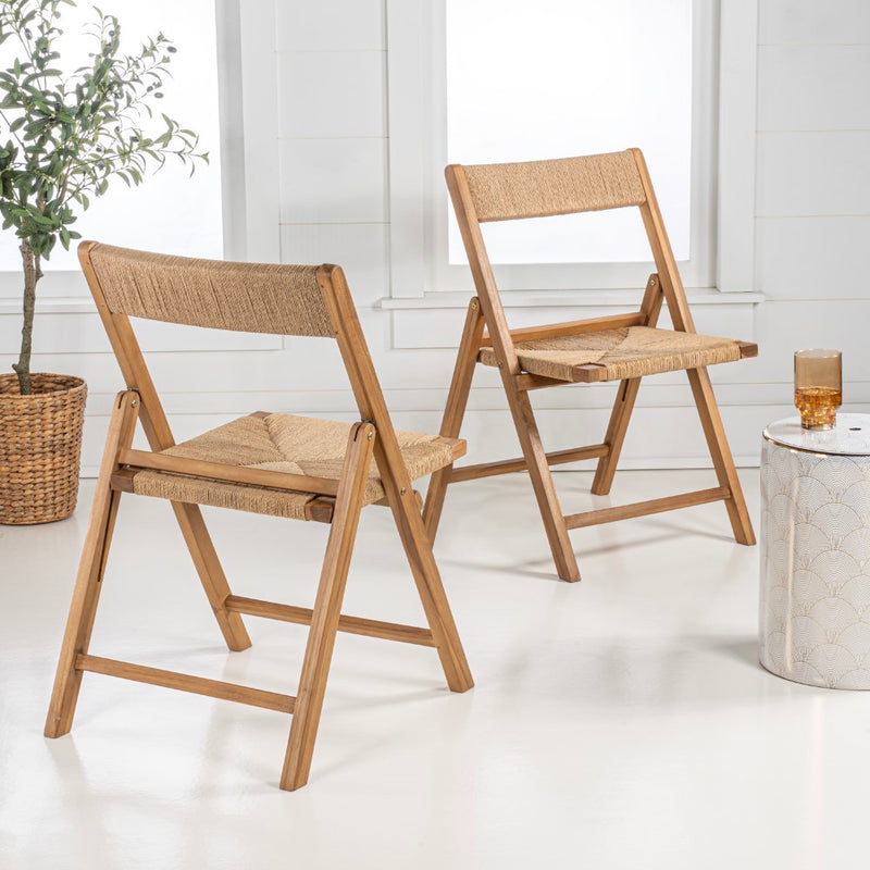 Kiawah Coastal Modern Wood Woven Seagrass Folding Chair Set 2