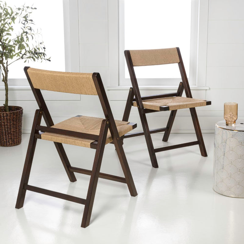 Kiawah Coastal Modern Wood Woven Seagrass Folding Chair Set 2