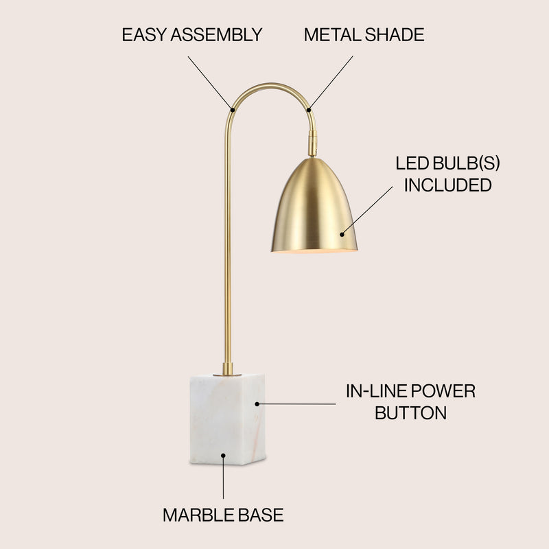 Ana 26" Gold Arched Metal with Marble Base LED Table Lamp - JONATHAN Y