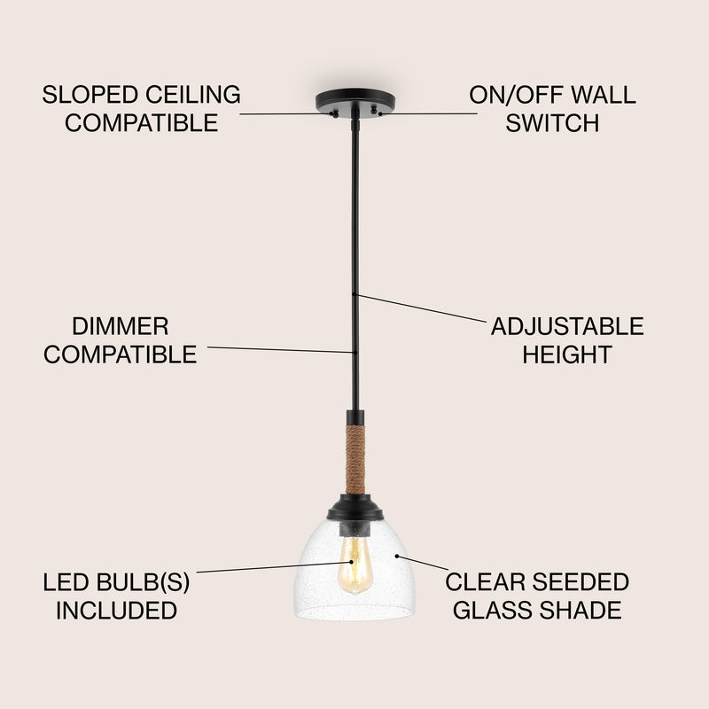 Alys 7.63" Adjustable Rope Wrap Modern Rustic Iron/Glass LED Pendant - JONATHAN Y