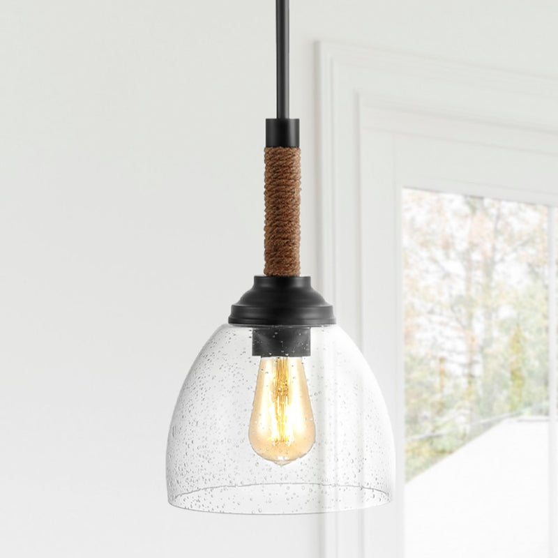 Alys 7.63" Adjustable Rope Wrap Modern Rustic Iron/Glass LED Pendant - JONATHAN Y