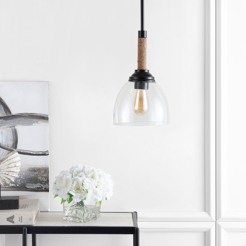 Alys 7.63" Adjustable Rope Wrap Modern Rustic Iron/Glass LED Pendant - JONATHAN Y
