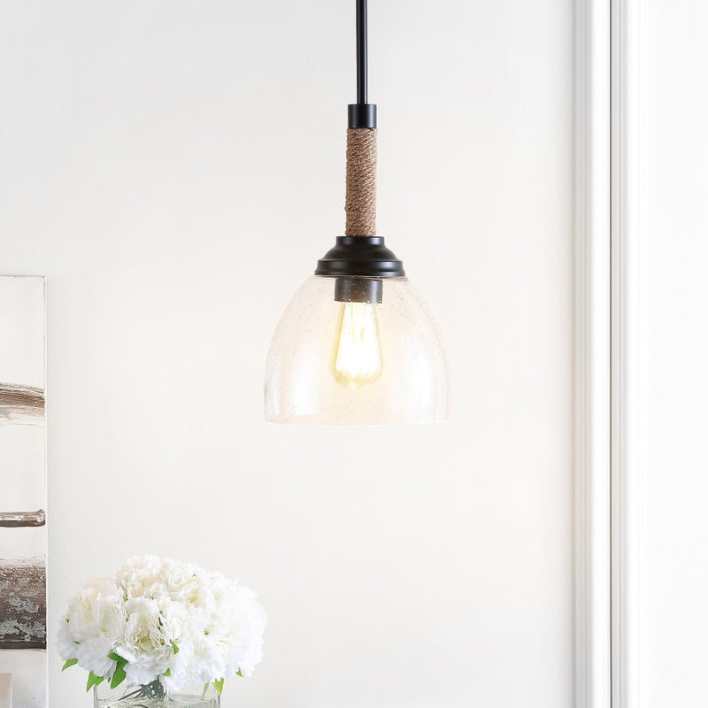 Alys 7.63" Adjustable Rope Wrap Modern Rustic Iron/Glass LED Pendant - JONATHAN Y