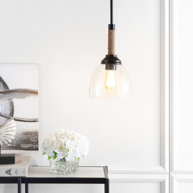 Alys 7.63" Adjustable Rope Wrap Modern Rustic Iron/Glass LED Pendant - JONATHAN Y