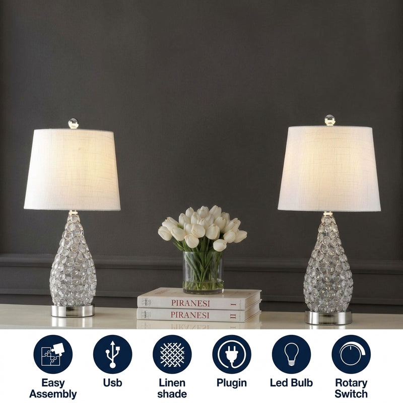 Lily 22.25" Midcentury Modern Iron LED Table Lamp with USB Charging Port Set 2 Clear (Set of 2) – ICONS