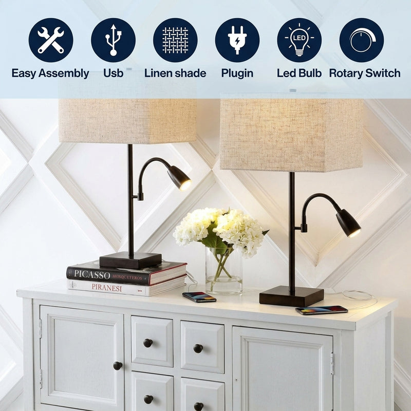 Austin 25.5"  Farmhouse Industrial Iron LED Table Lamp with USB Charging Port and Adjustable Reading Light Set 2 Oil Rubbed Bronze (Set of 2) / 2 Sockets – ICONS