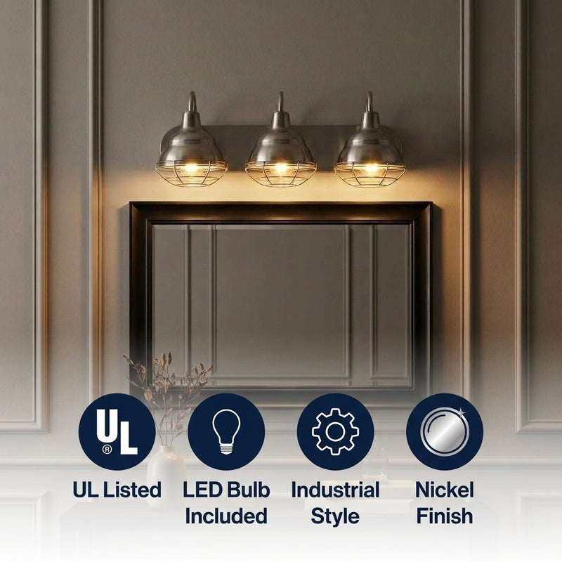 Levi 24.5" Industrial Farmhouse Iron LED Vanity Nickel / 3 Sockets – ICONS