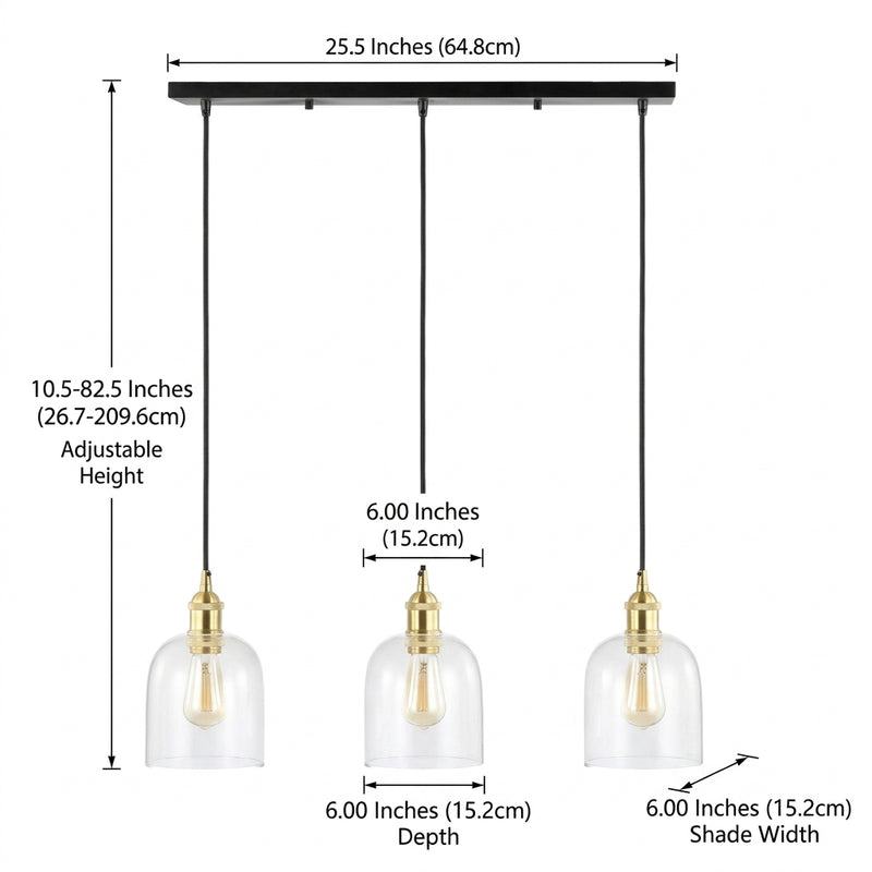Cooper 25.5" Farmhouse Contemporary Glass Linear LED Pendant Brass Gold/Black / 3 Sockets – DIM