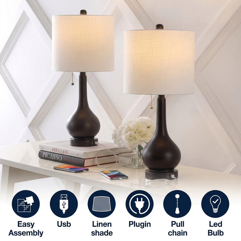 Tyler 24" Modern Classic Gourd Iron LED Table Lamp with Pull-Chain with Dual USB Charging Port Set 2 Oil Rubbed Bronze (Set of 2) / 24" – ICONS