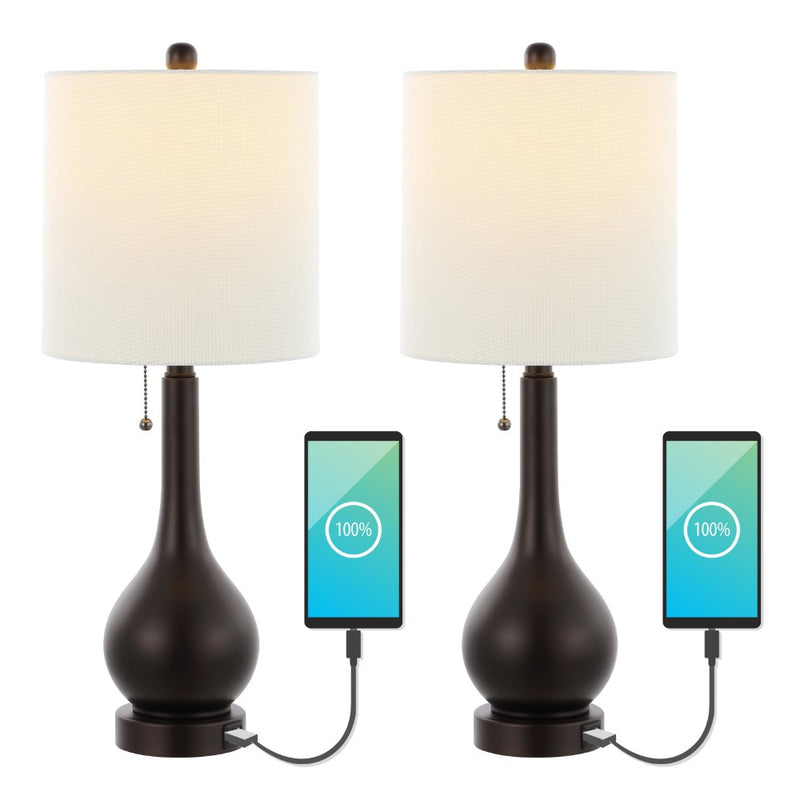 Tyler 24" Modern Classic Gourd Iron LED Table Lamp with Pull-Chain with Dual USB Charging Port - JONATHAN Y