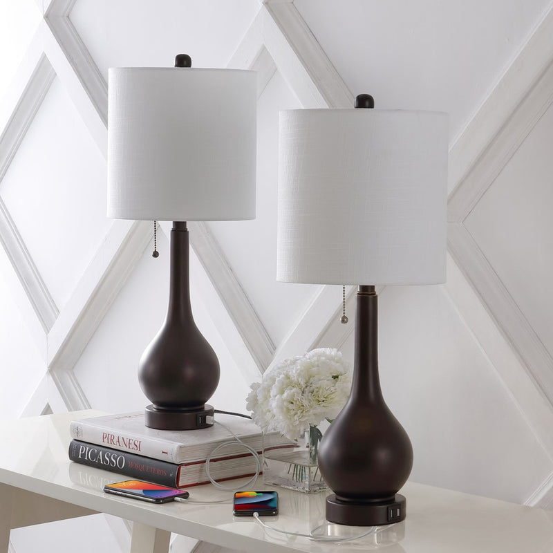 Tyler 24" Modern Classic Gourd Iron LED Table Lamp with Pull-Chain with Dual USB Charging Port - JONATHAN Y