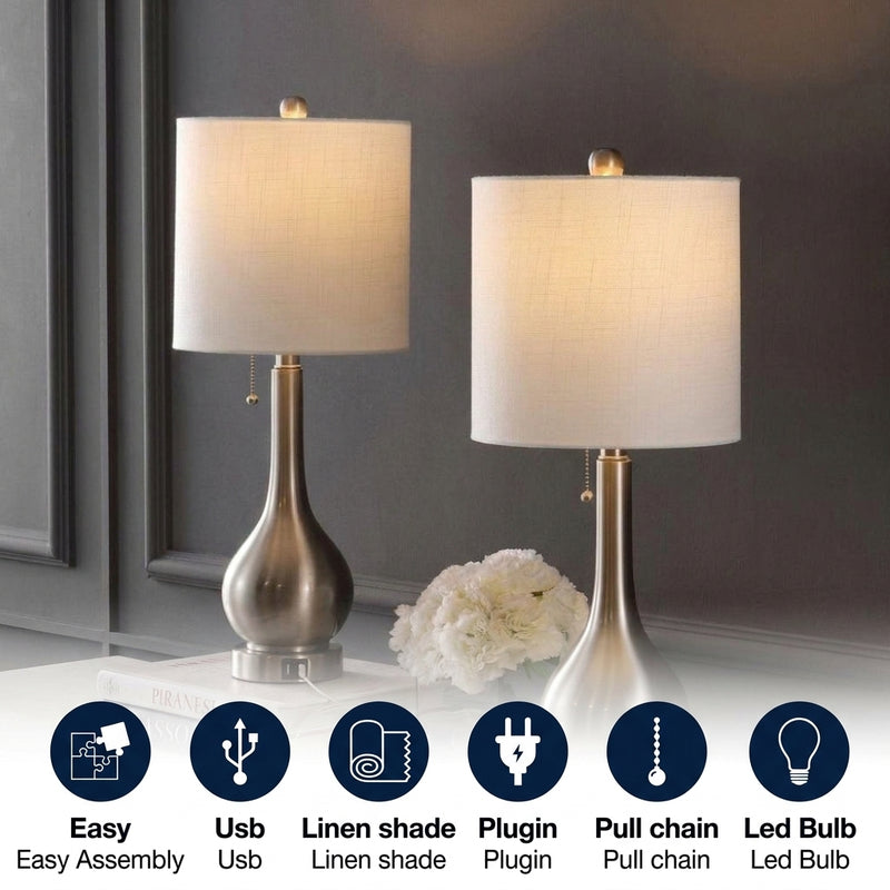 Tyler 24" Modern Classic Gourd Iron LED Table Lamp with Pull-Chain with Dual USB Charging Port Set 2 Nickel (Set of 2) / 24" – ICONS