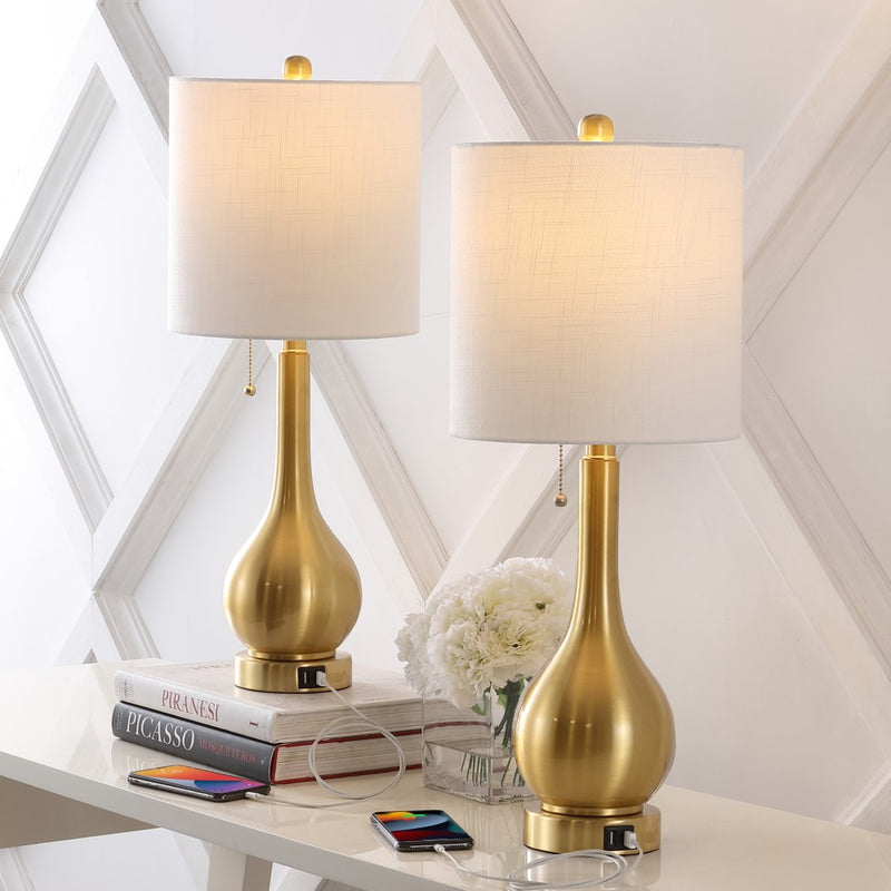 Tyler 24" Modern Classic Gourd Iron LED Table Lamp with Pull-Chain with Dual USB Charging Port - JONATHAN Y