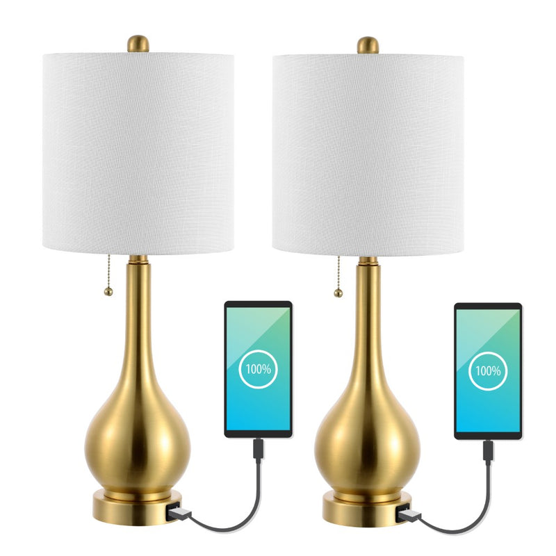 Tyler 24" Modern Classic Gourd Iron LED Table Lamp with Pull-Chain with Dual USB Charging Port - JONATHAN Y