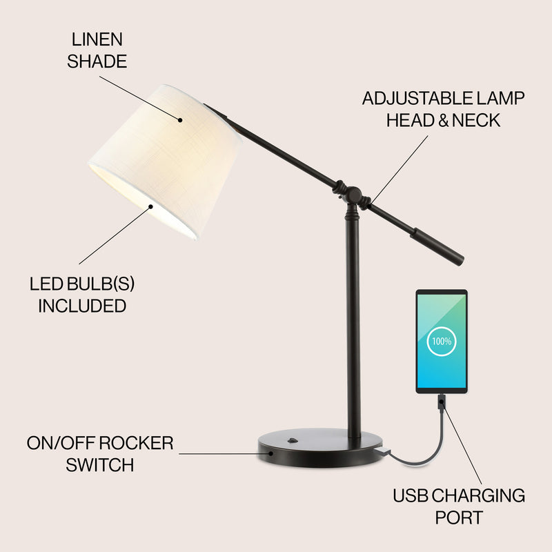 Troy 24" Classic Contemporary Iron LED Task Lamp with USB Charging Port - JONATHAN Y