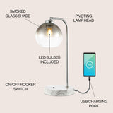 Ada 20" Industrial Contemporary Iron/Glass LED Task Lamp with USB Charging Port - JONATHAN Y
