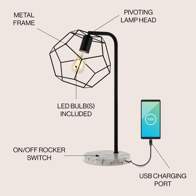 Penta 23.5" Industrial Farmhouse Head-Adjustable Iron LED Task Lamp with USB Charging Port - JONATHAN Y