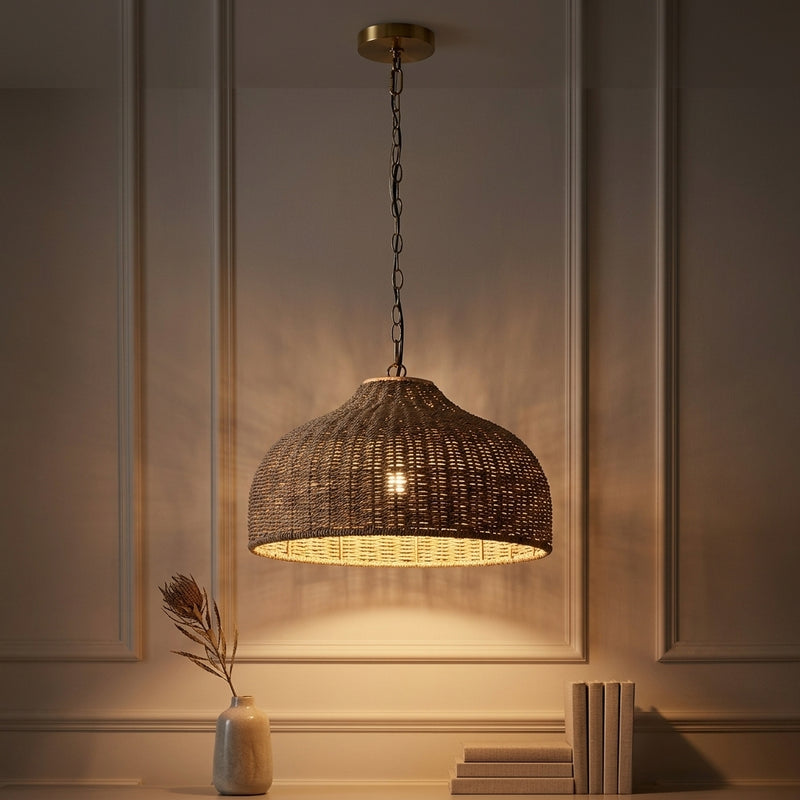 Eliza 20" Coastal Bohemian Rattan/Iron Dome LED Pendant Brown/Brass Gold – AI-ON