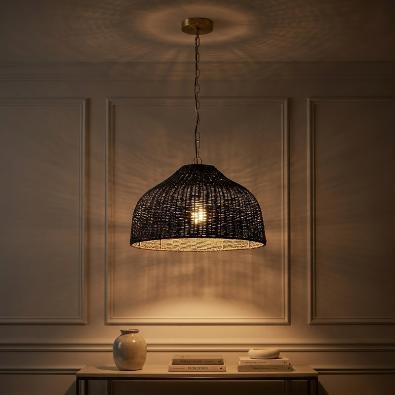 Eliza 20" Coastal Bohemian Rattan/Iron Dome LED Pendant Black/Brass Gold – AI-ON
