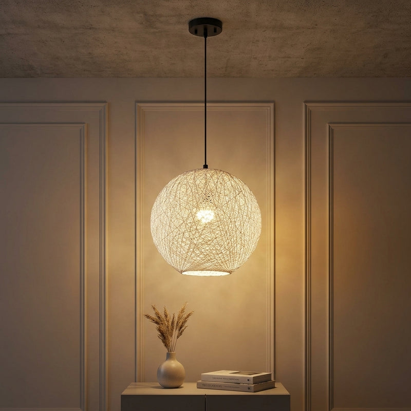 Lacey Bohemian Minimalist Iron/Rope Woven Globe LED Pendant White/Black / 16" – AI-ON