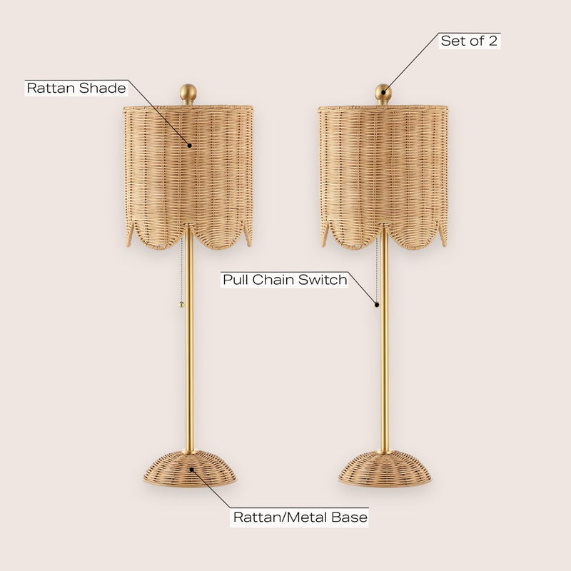 Celerie 27.5" Coastal Bohemian Rattan/Iron Scalloped Buffet LED Table Lamps with Pull Chain (Set of 2)