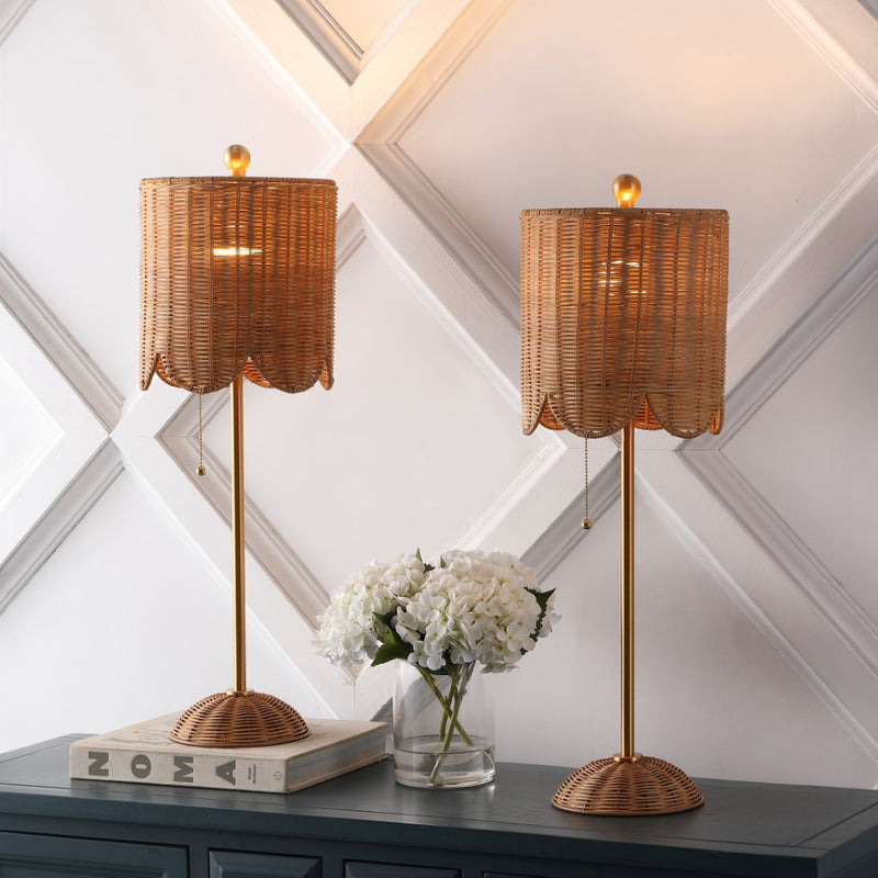 Celerie 27.5" Coastal Bohemian Rattan/Iron Scalloped Buffet LED Table Lamps with Pull Chain (Set of 2)