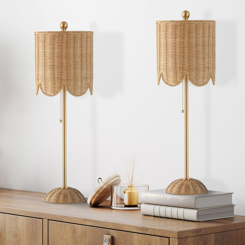 Celerie 27.5" Coastal Bohemian Rattan/Iron Scalloped Buffet LED Table Lamps with Pull Chain (Set of 2)