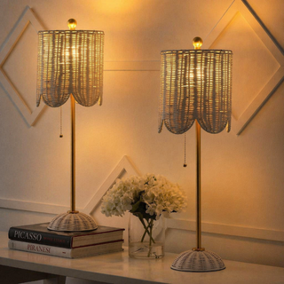 Celerie 27.5" Coastal Bohemian Rattan/Iron Scalloped Buffet LED Table Lamps with Pull Chain (Set of 2)