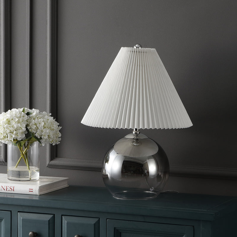 Louisa 22.5" Mid-Century Modern Round Glass/Iron Pleated Shade LED Table Lamp - JONATHAN Y