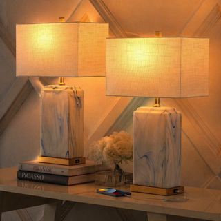 Chloe 24.5" Modern Coastal Iron/Marbled Ceramic LED Table Lamp with USB Charging Port Set 2