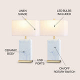 Chloe 24.5" Modern Coastal Iron/Marbled Ceramic LED Table Lamp with USB Charging Port - JONATHAN Y