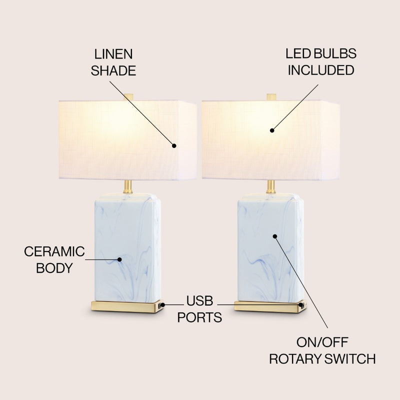 Chloe 24.5" Modern Coastal Iron/Marbled Ceramic LED Table Lamp with USB Charging Port - JONATHAN Y