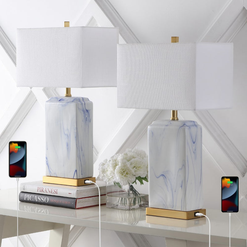 Chloe 24.5" Modern Coastal Iron/Marbled Ceramic LED Table Lamp with USB Charging Port - JONATHAN Y