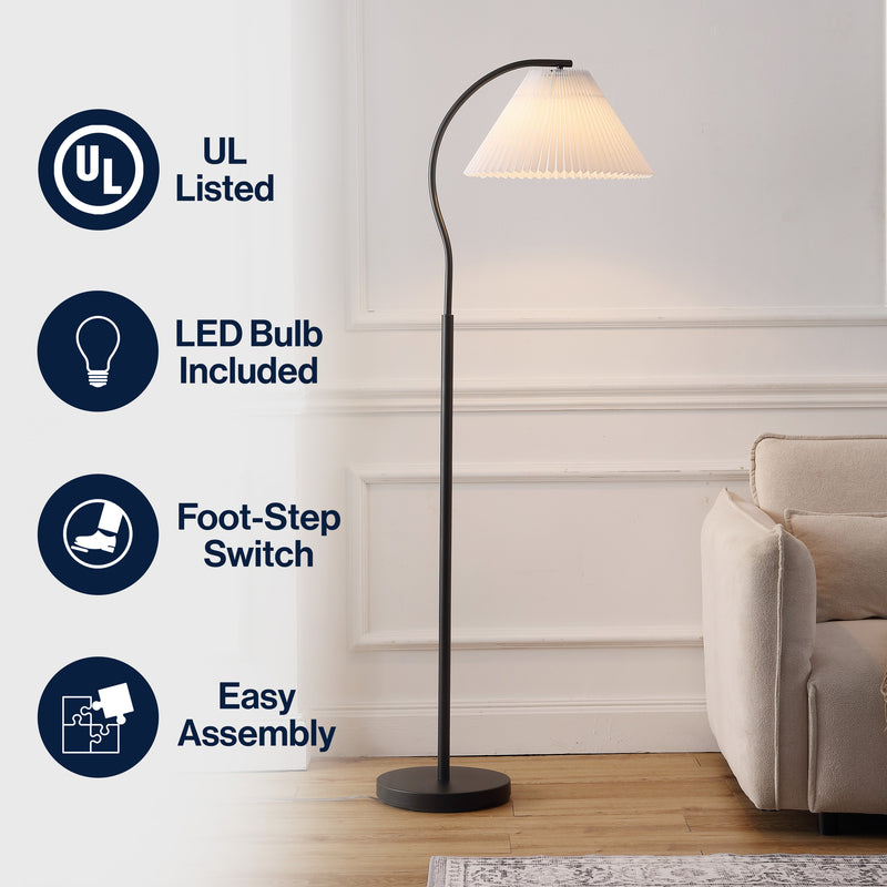 Devon 60.5" Modern Glam Metal Arc LED Floor Lamp with Pleated Shade