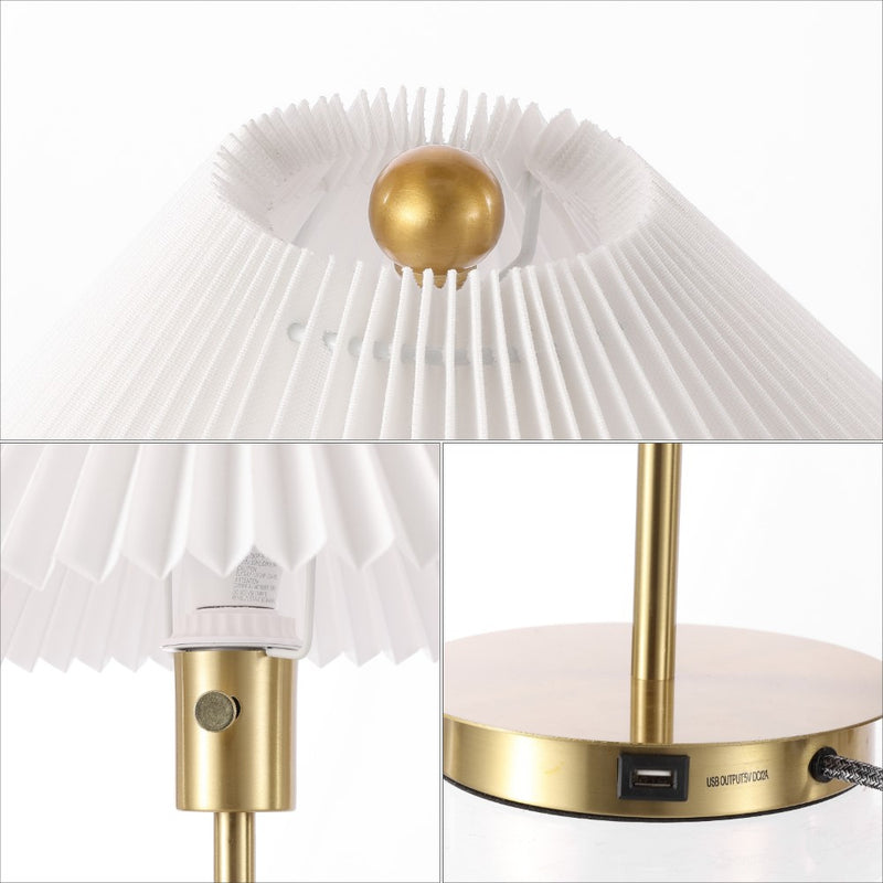 Freida 21.25" Modern Glam Metal Column LED Table Lamp with USB Charging Port and Pleated Shade - JONATHAN Y