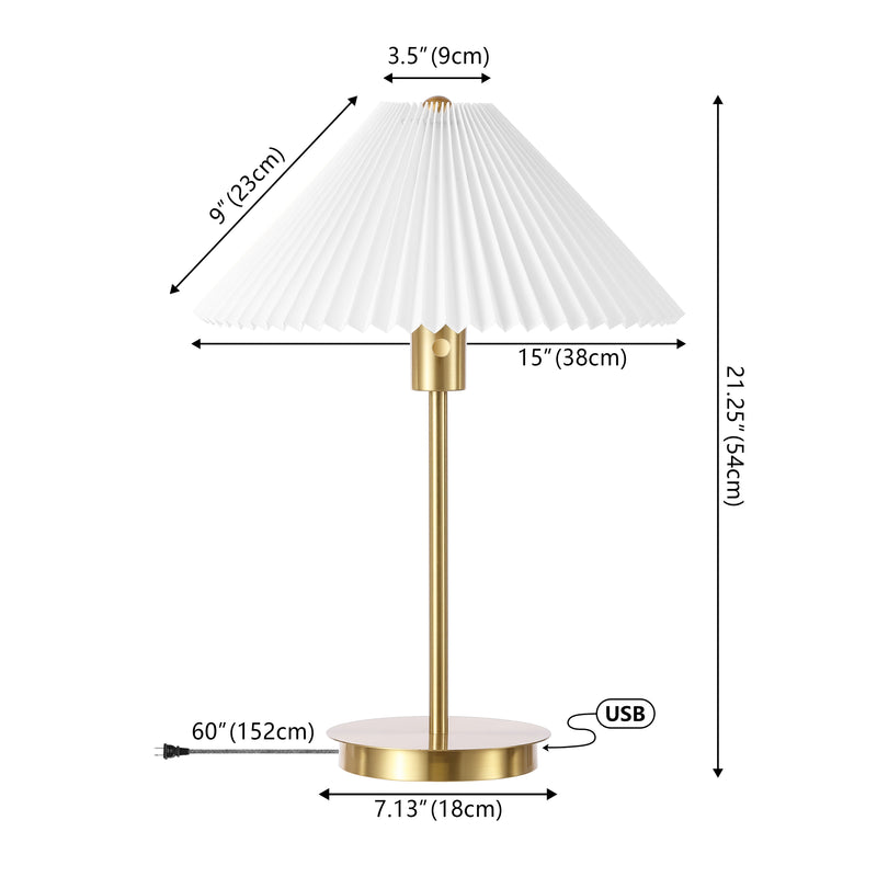 Freida 21.25" Modern Glam Metal Column LED Table Lamp with USB Charging Port and Pleated Shade - JONATHAN Y