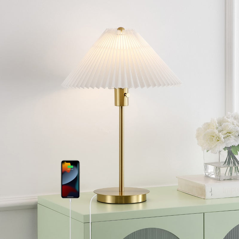Freida 21.25" Modern Glam Metal Column LED Table Lamp with USB Charging Port and Pleated Shade - JONATHAN Y