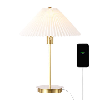 Freida 21.25" Modern Glam Metal Column LED Table Lamp with USB Charging Port and Pleated Shade - JONATHAN Y