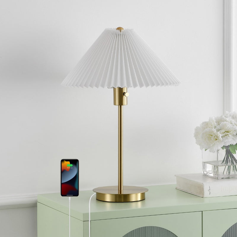 Freida 21.25" Modern Glam Metal Column LED Table Lamp with USB Charging Port and Pleated Shade - JONATHAN Y