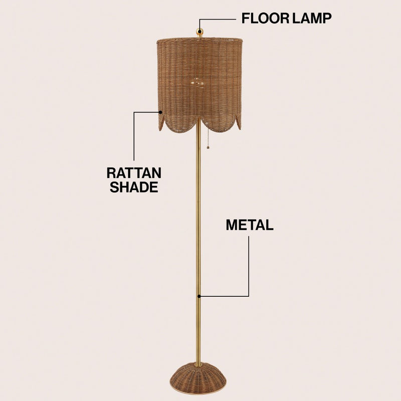 Joel 63.5" Coastal Bohemian Scallop Shade Rattan/Metal LED Floor Lamp with Pull Chain