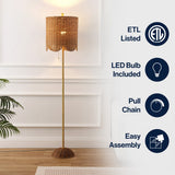 Joel 63.5" Coastal Bohemian Scallop Shade Rattan/Metal LED Floor Lamp with Pull Chain