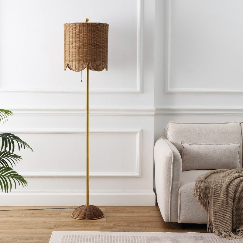 Joel 63.5" Coastal Bohemian Scallop Shade Rattan/Metal LED Floor Lamp with Pull Chain