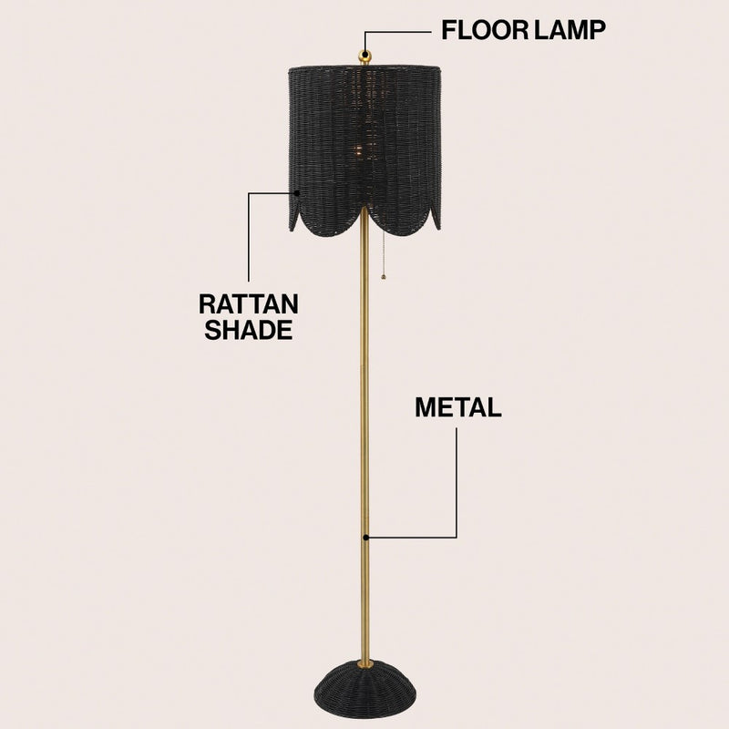 Joel 63.5" Coastal Bohemian Scallop Shade Rattan/Metal LED Floor Lamp with Pull Chain