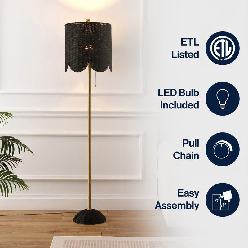 Joel 63.5" Coastal Bohemian Scallop Shade Rattan/Metal LED Floor Lamp with Pull Chain