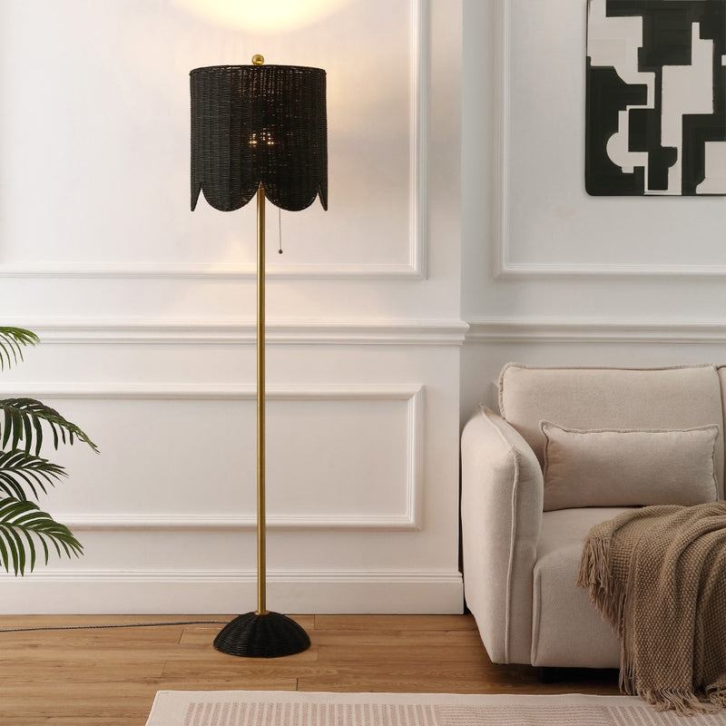 Joel 63.5" Coastal Bohemian Scallop Shade Rattan/Metal LED Floor Lamp with Pull Chain