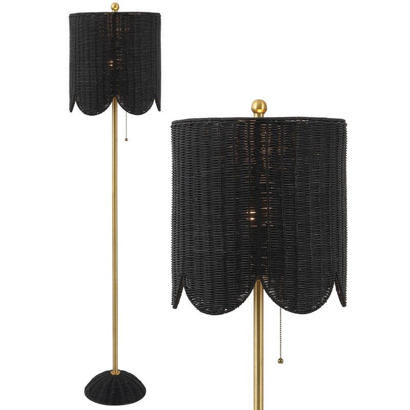 Joel 63.5" Coastal Bohemian Scallop Shade Rattan/Metal LED Floor Lamp with Pull Chain