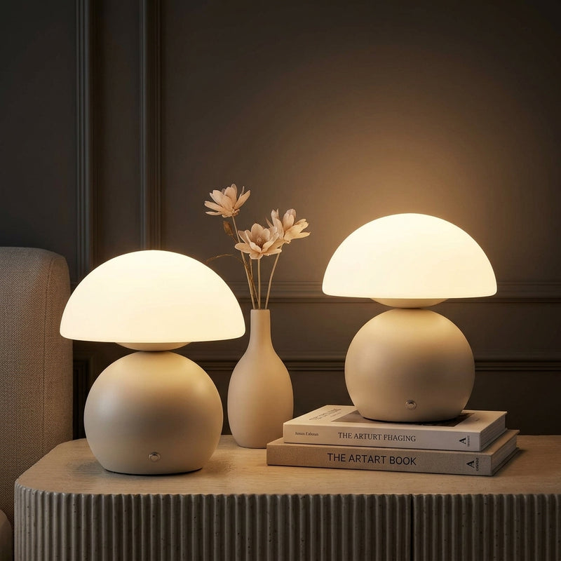 Kanya 7.3 in. Modern Minimalist Metal and Glass Rechargeable Integrated Touch Sensor Dimmable LED Table Lamp Matte Almond/White (Set of 2) – AI-ON