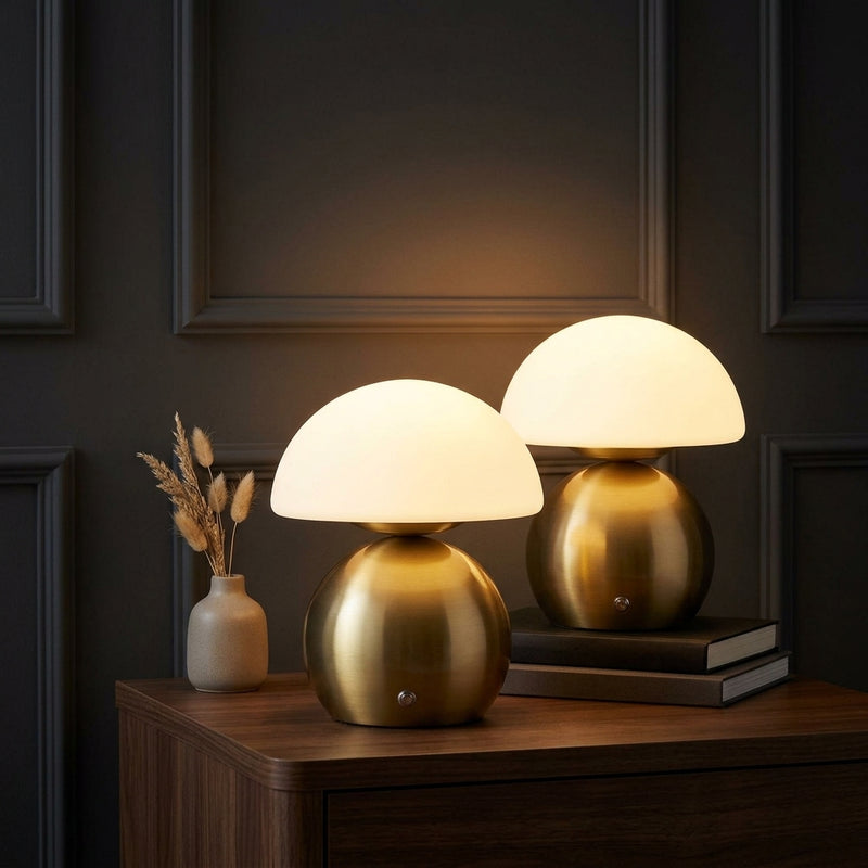 Kanya 7.3 in. Modern Minimalist Metal and Glass Rechargeable Integrated Touch Sensor Dimmable LED Table Lamp Brass Gold/White (Set of 2) – AI-ON